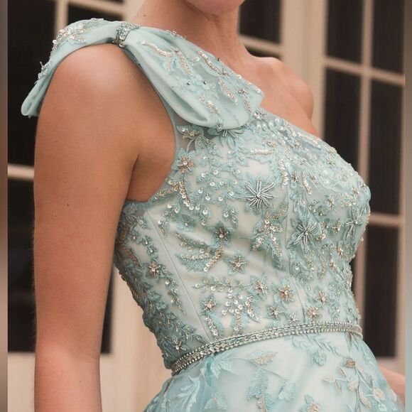 MAC DUGGAL 11177 Green Embellished Bow One Shoulder A Line Gown 10 - Picture 3 of 16